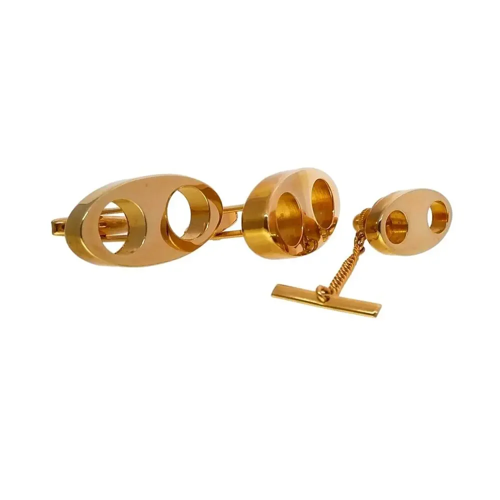 Cufflinks Tie Tack Gold Tone Sarah Coventry Switzerland Modernist Oval Circles